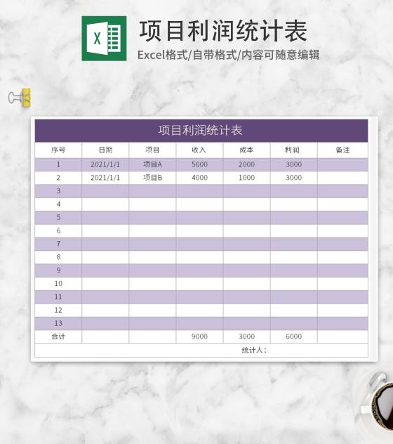 紫色项目利润统计表Excel模板