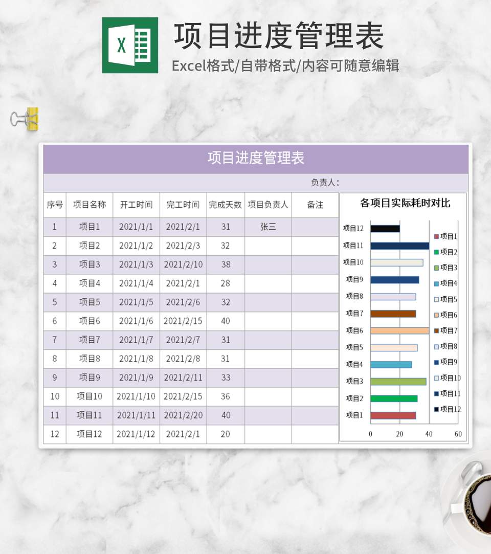 紫色项目进度管理表Excel模板