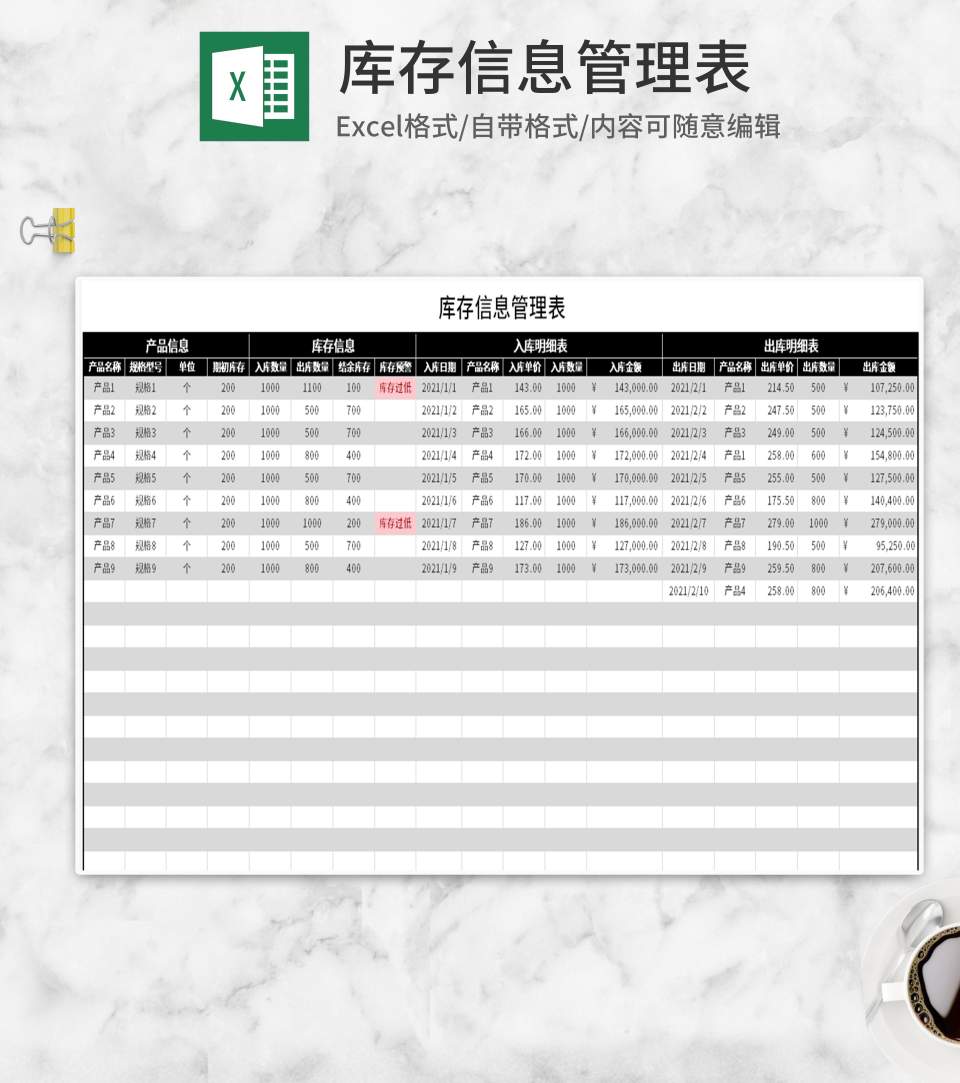 黑色库存信息管理表Excel模板
