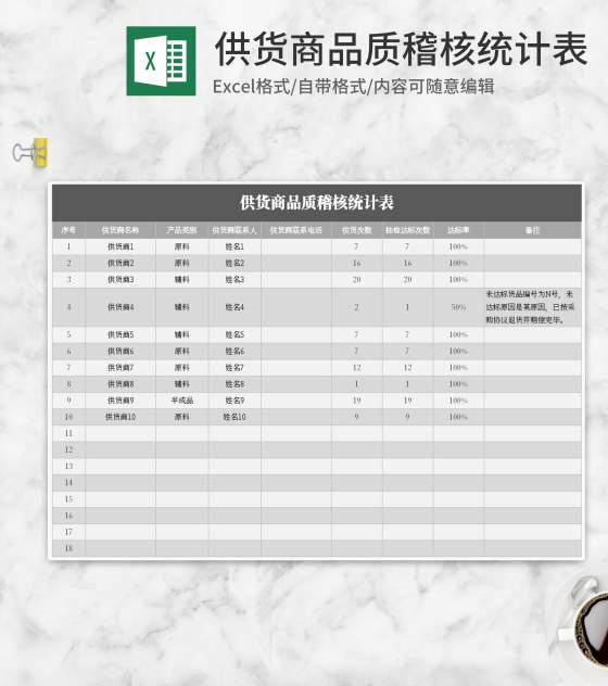 灰色供货商品质稽核统计表Excel模板