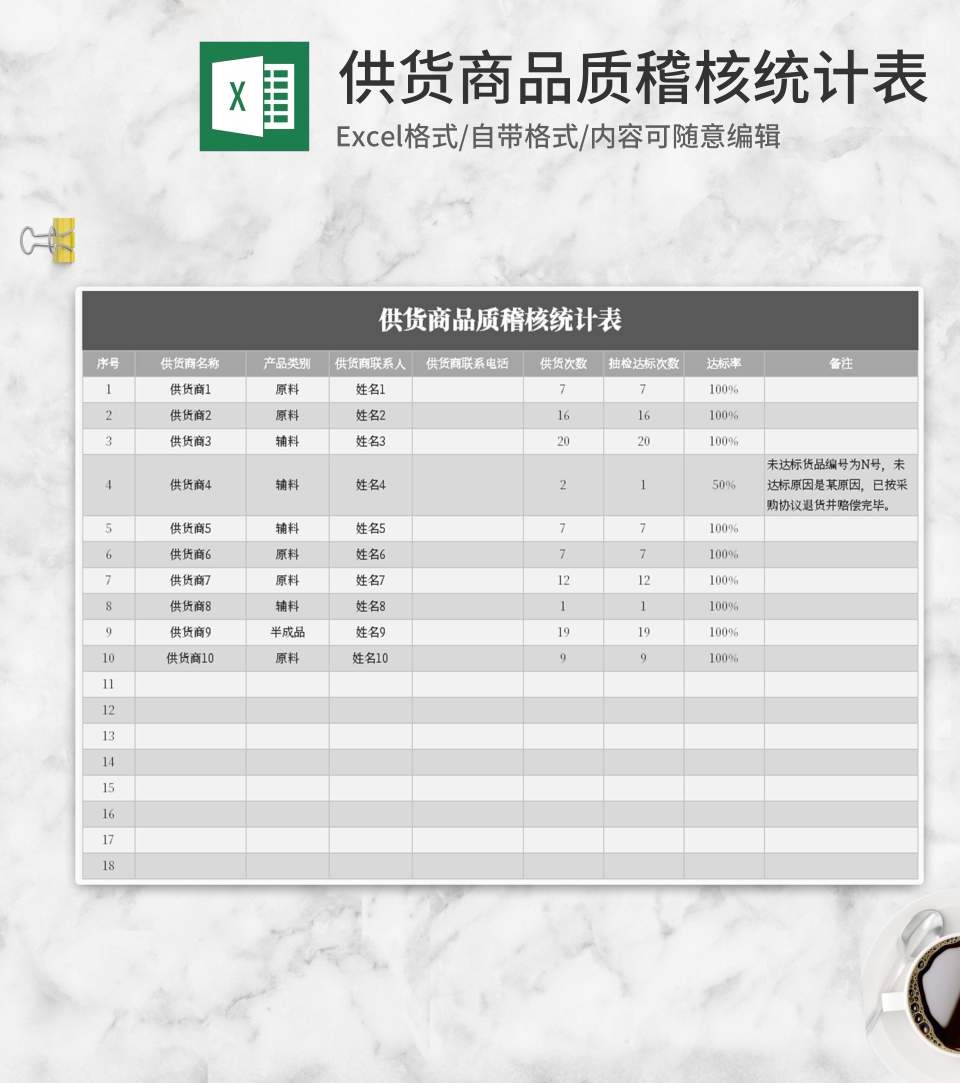 灰色供货商品质稽核统计表Excel模板