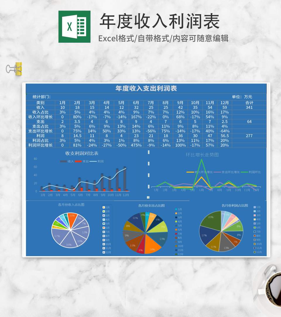 蓝色年度收入利润表Excel模板