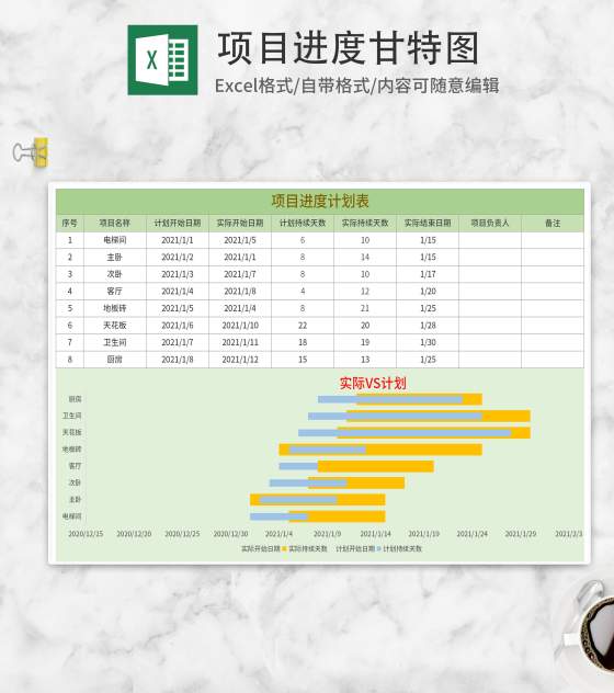绿色项目进度甘特图Excel模板
