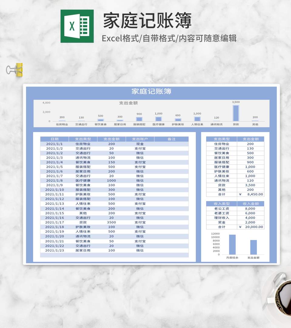 蓝色家庭记账薄Excel模板