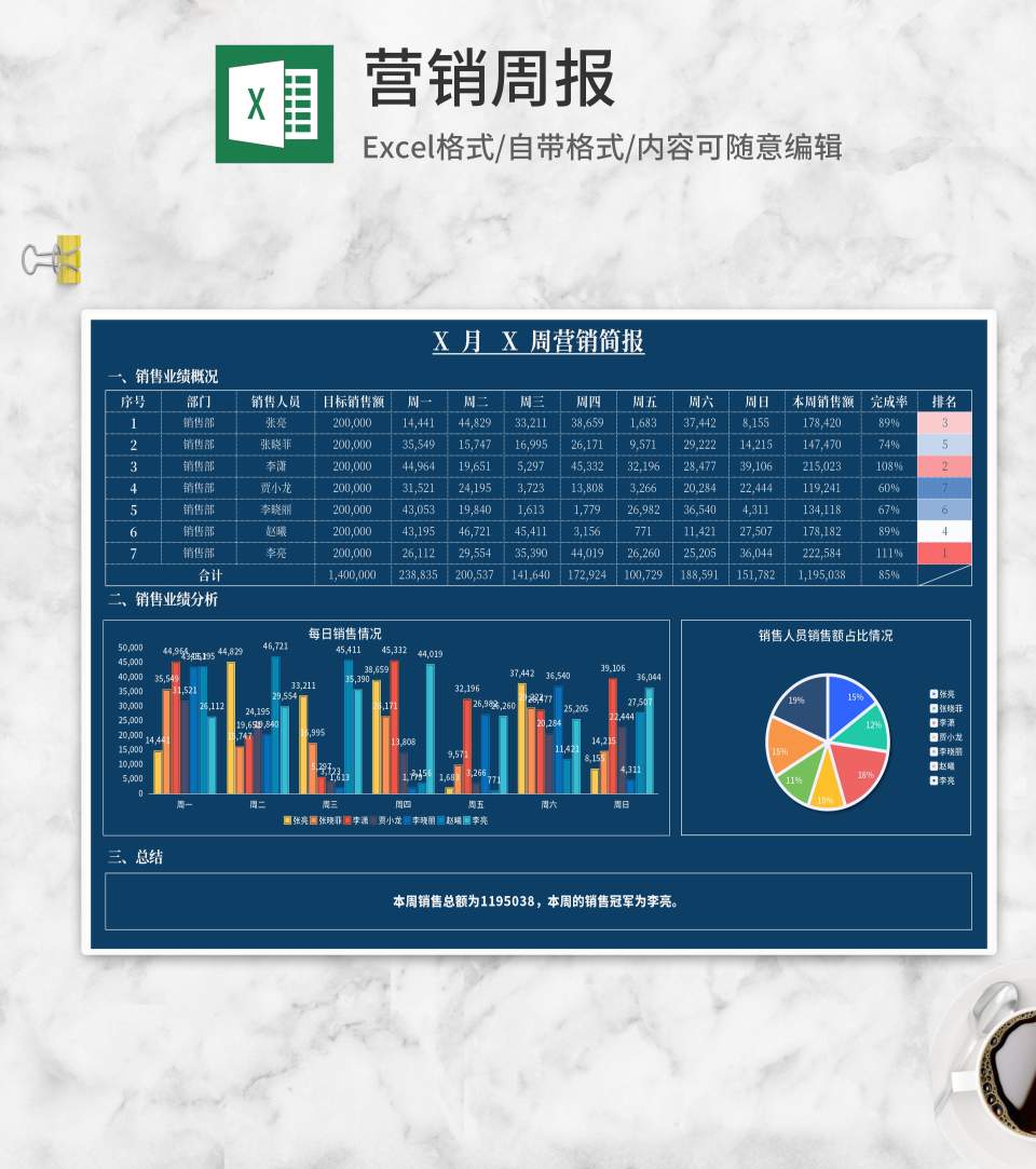 深蓝色营销周报Excel模板