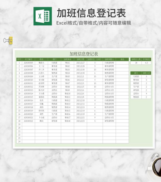 绿色加班信息登记表Excel模板