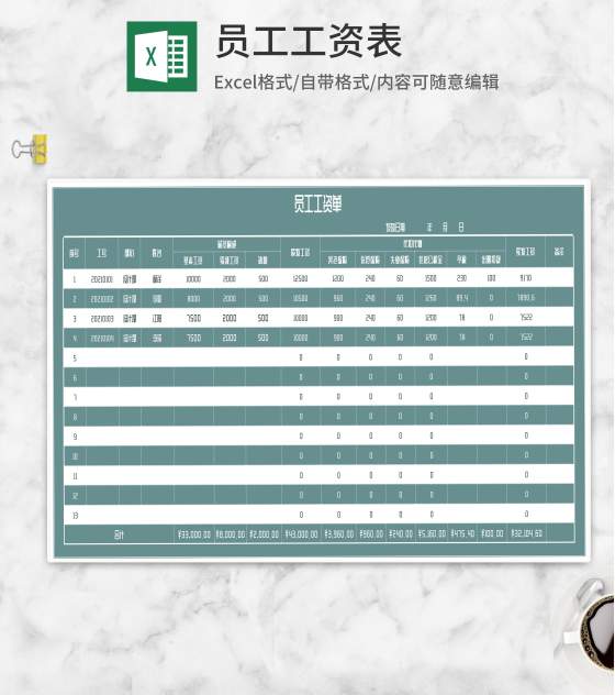 绿色边框员工工资明细表Excel模板