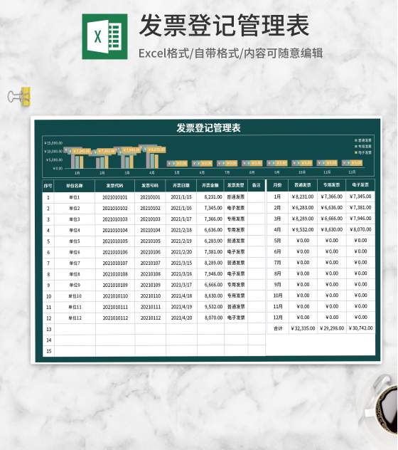 绿色发票登记管理表Excel模板