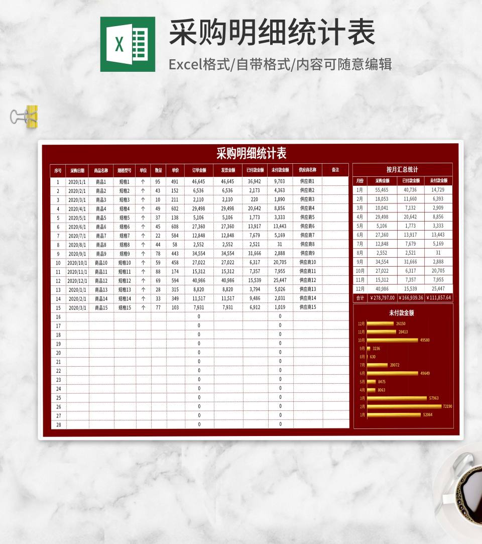 红色采购明细统计表Excel模板