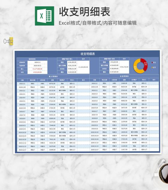 蓝色工程项目收支明细表Excel模板