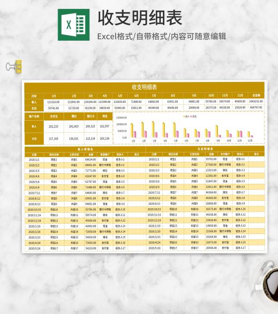 黄色项目收支明细表Excel模板