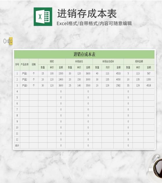 绿色进销存产品成本明细表Excel模板