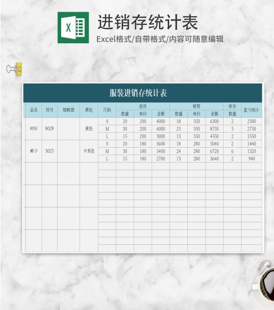 蓝色服装进销存统计表Excel模板