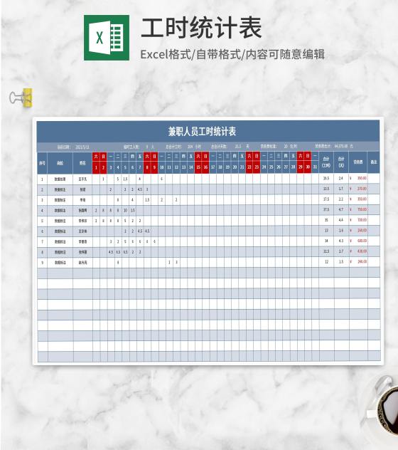 蓝色兼职人员工时统计表Excel模板