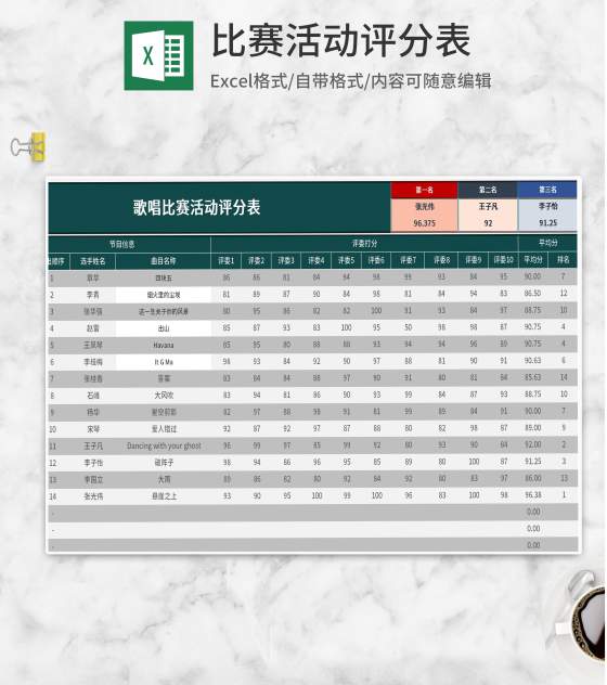 绿色歌唱比赛活动评分表Excel模板