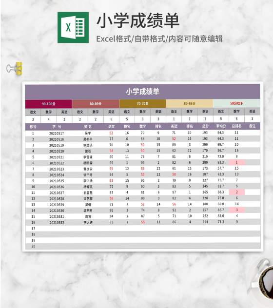 紫色小学成绩单Excel模板
