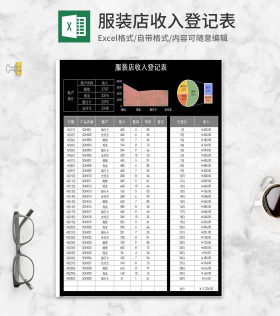 黑色服装店收入登记表Excel模板