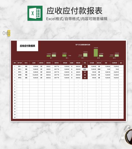 红色客户应收应付款报表Excel模板