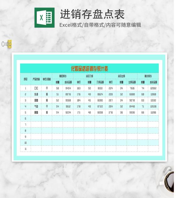 青色化妆品店进销存统计表Excel模板