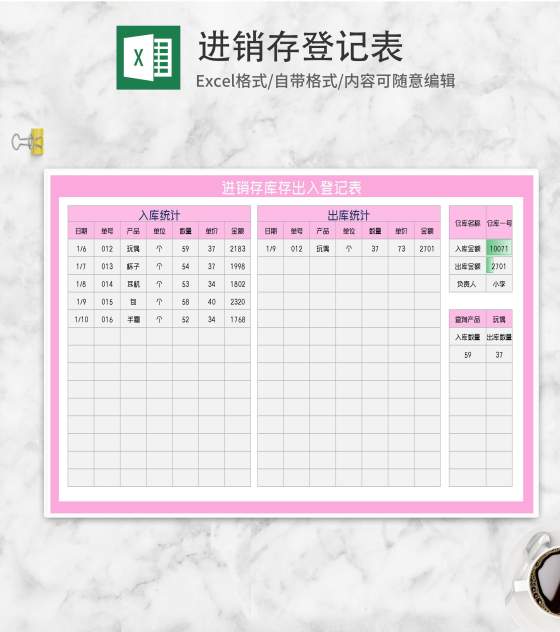 粉色进销存库存出入登记表Excel模板