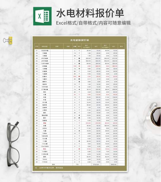 水电材料报价单Excel模板