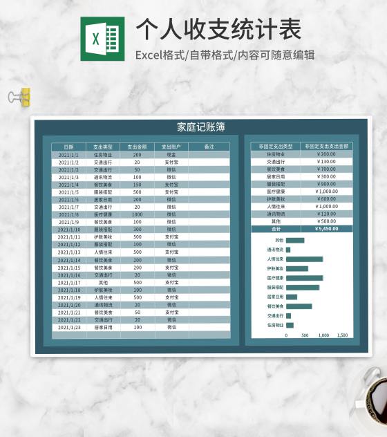 蓝色家庭个人收支记账簿Excel模板