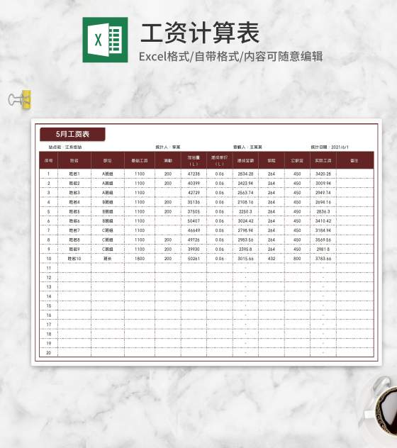 小组工资明细统计表Excel模板