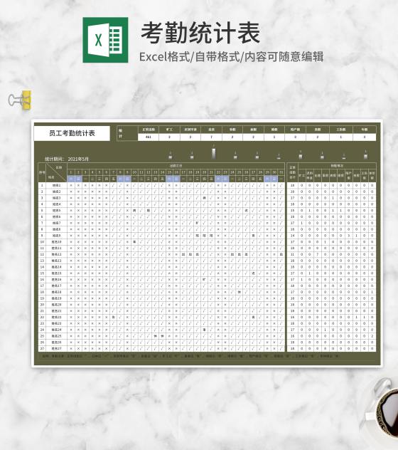 员工月度考勤统计表Excel模板