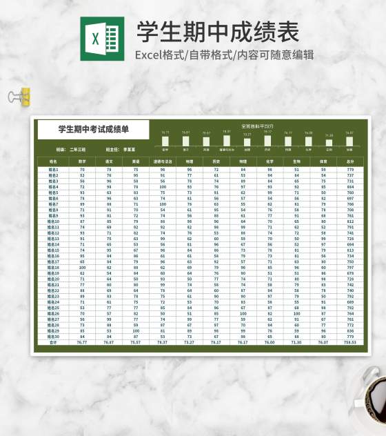 绿色学生期中考试成绩单Excel模板