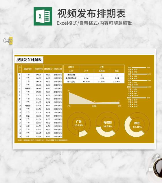 黄色视频发布时间表Excel模板