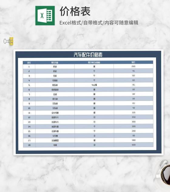 汽车配件价格表Excel模板