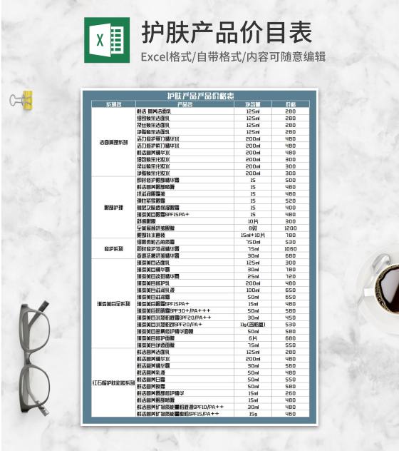 护肤产品价格明细表Excel模板