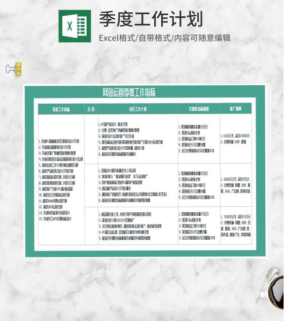 青色网站运营季度工作指标Excel模板