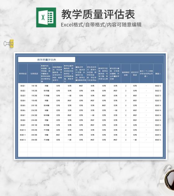 学校教学授课质量评估表Excel模板