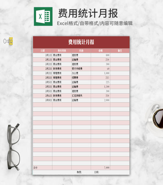 小清新粉色费用统计月报Excel模板