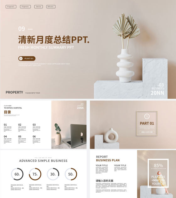 粉色清新文艺月度总结PPT模板