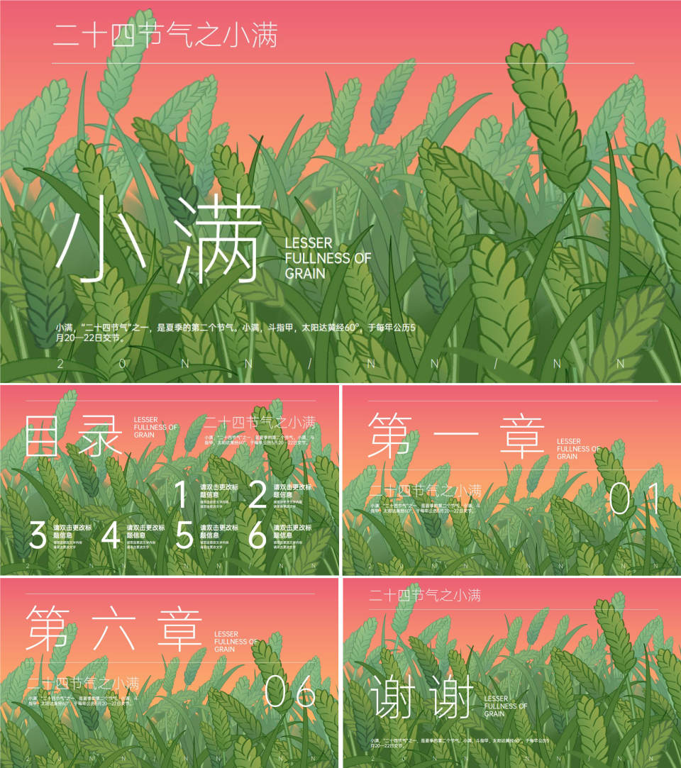 粉色插画风麦穗小满节气PPT模板