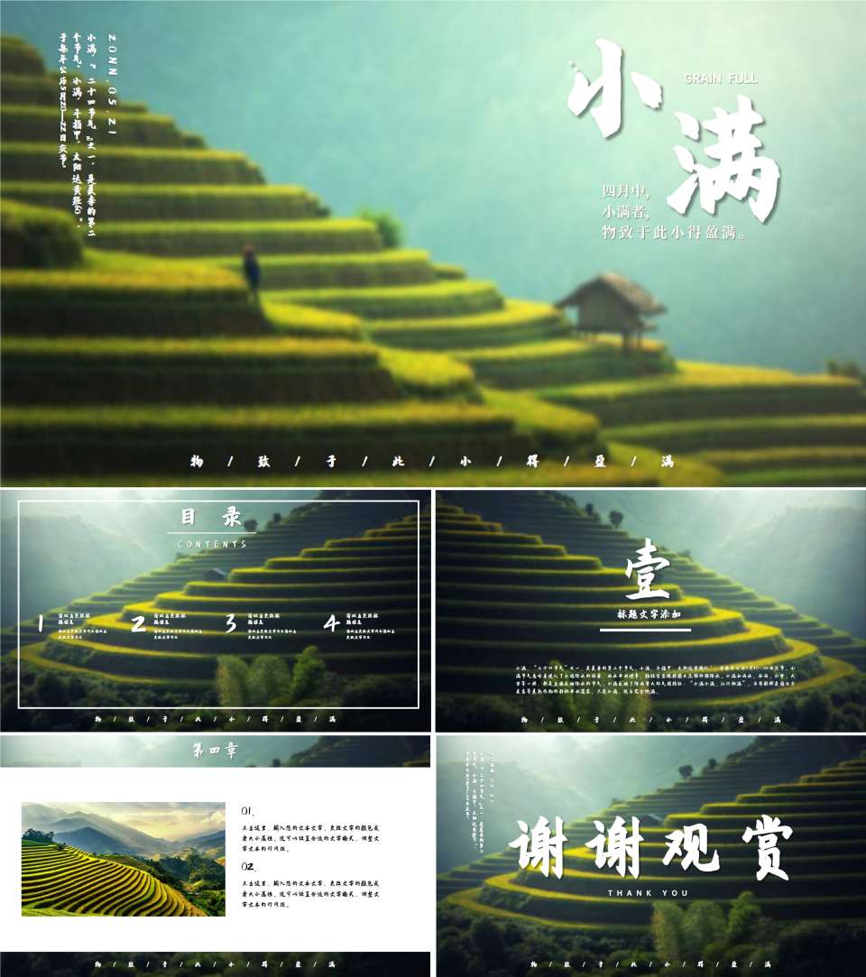 绿色画册风梯田小满节气PPT模板