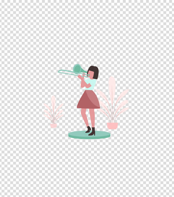 绿色乐器吹小号的女孩插画