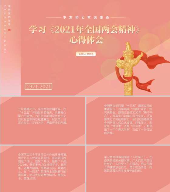 粉色党政风两会学习心得PPT模板