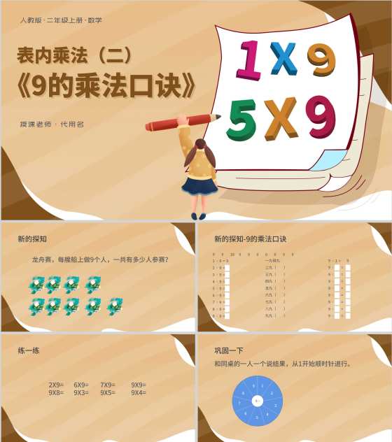 黄色扁平风二年级数学乘法口诀课件PPT模板