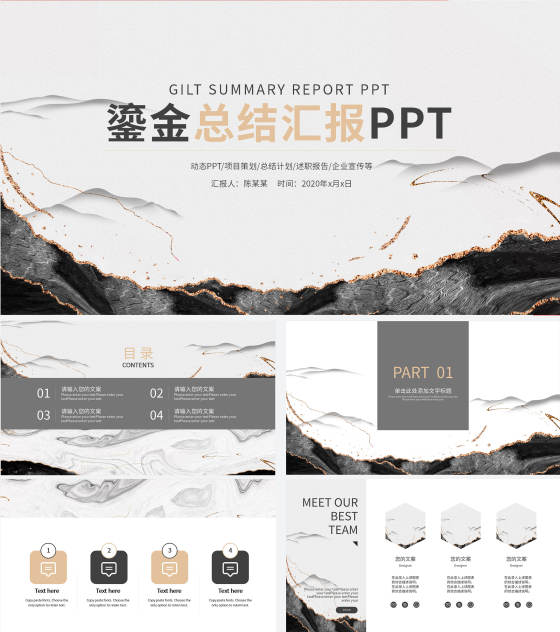 白色鎏金总结汇报PPT模板
