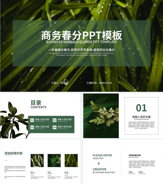 绿色清新树叶春分二十四节气PPT模板