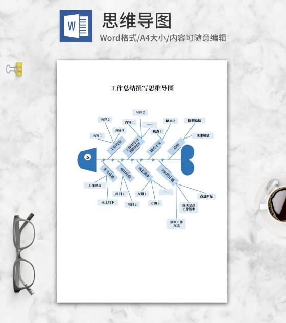 蓝色工作总结撰写思维导图word模板