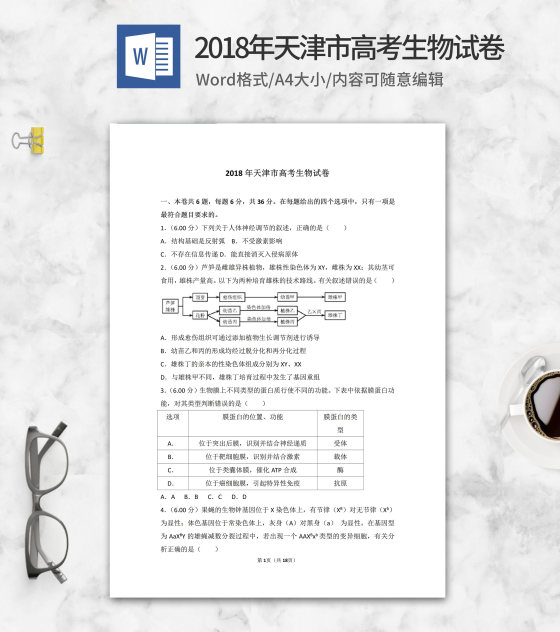 2018年天津市高考生物试卷word模板