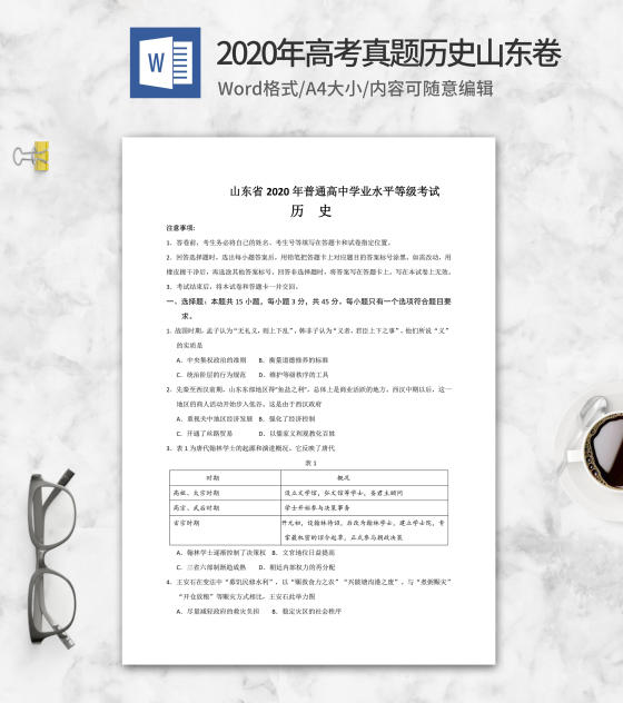 2020年山东省学业水平考试历史word模板
