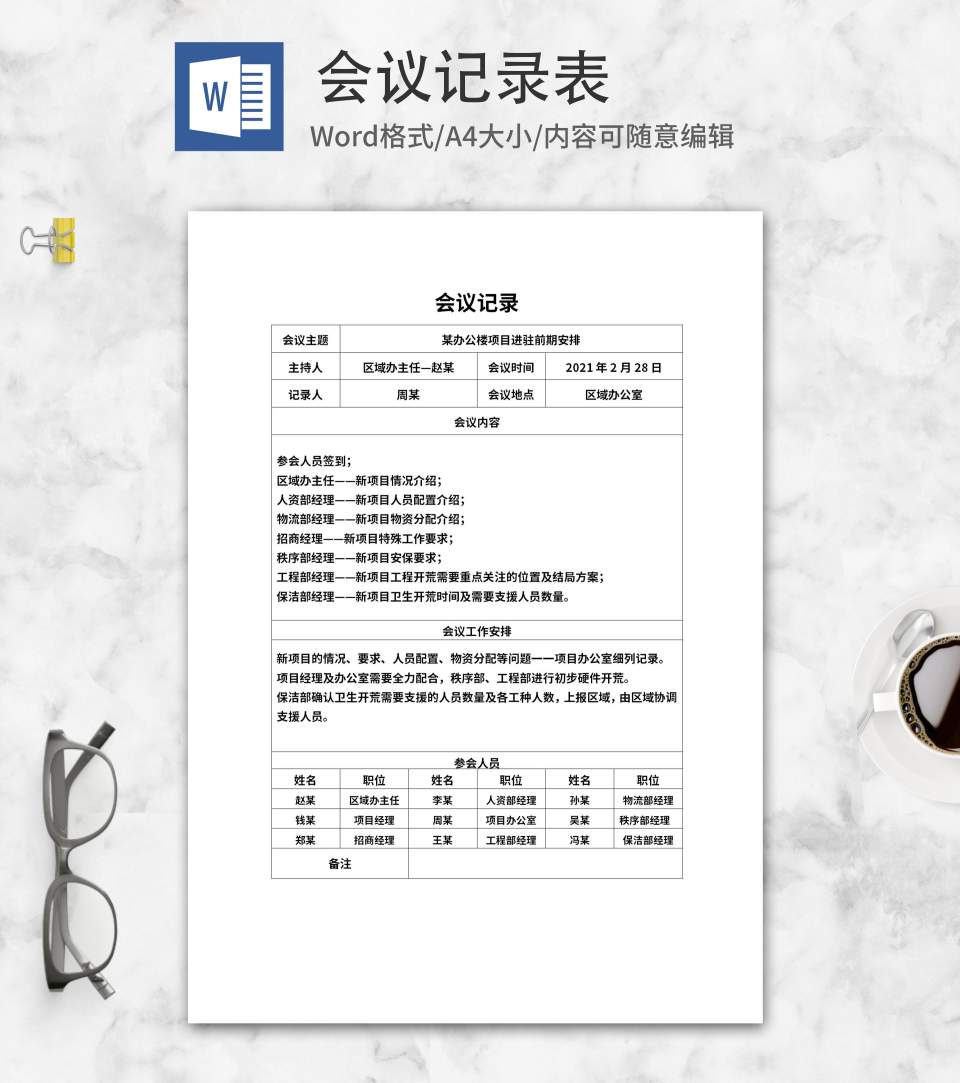 项目进驻前期安排会议记录表word模板
