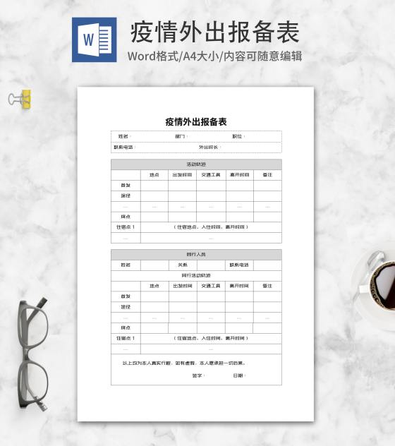 公司部门员工疫情外出报备表word模板