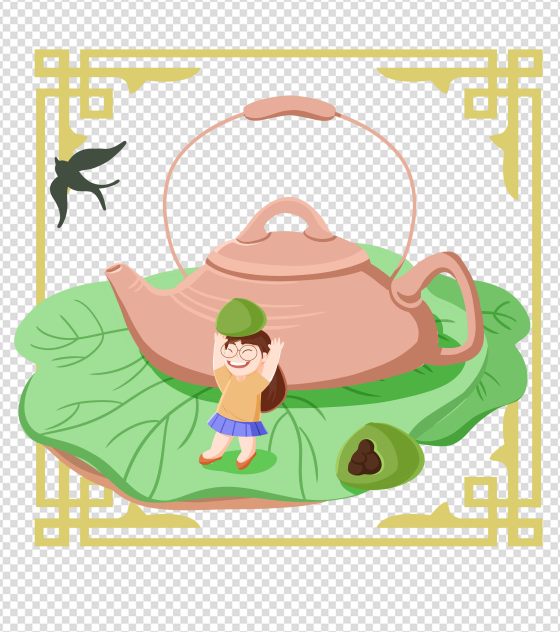 绿色中国风茶壶元素