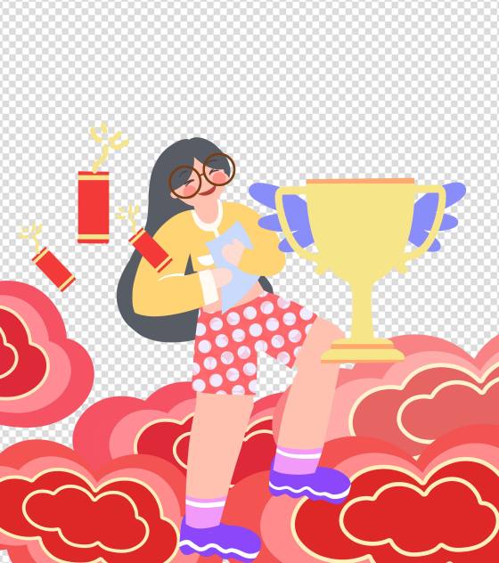 红色女孩庆祝高考喜报卡通手绘